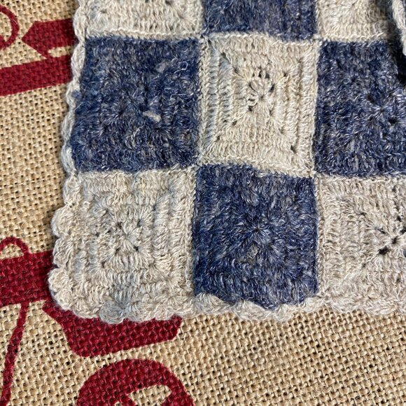 Margaret O’Leary Long Knit Scarf Blue Cream Checkered Linen Wool 80 Inch - Picture 6 of 10
